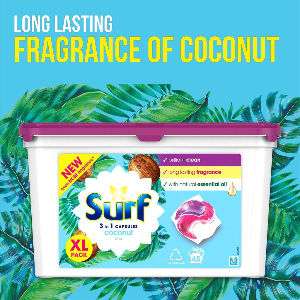 Surf 3-in-1 Washing Detergent Capsules Coconut Bliss 45 Washes (2 Pack)
