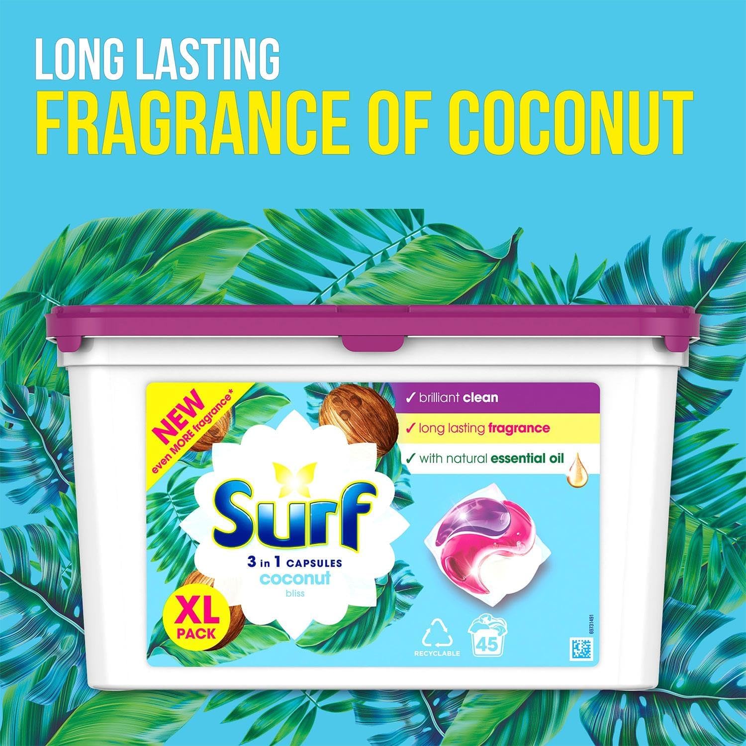 Surf 3-in-1 Washing Detergent Capsules Coconut Bliss 45 Washes (2 Pack)