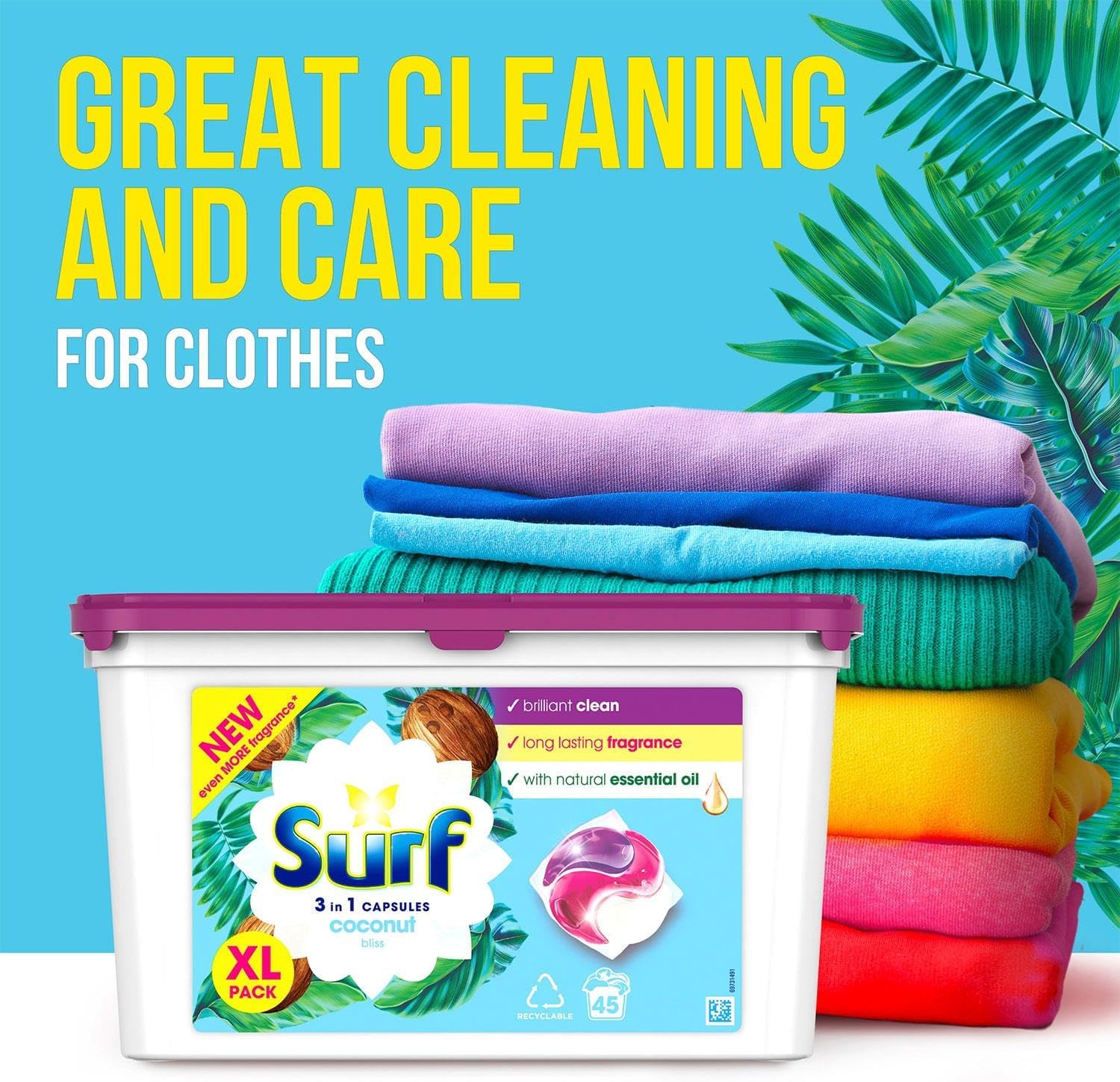 Surf 3-in-1 Washing Detergent Capsules Coconut Bliss 45 Washes (2 Pack)