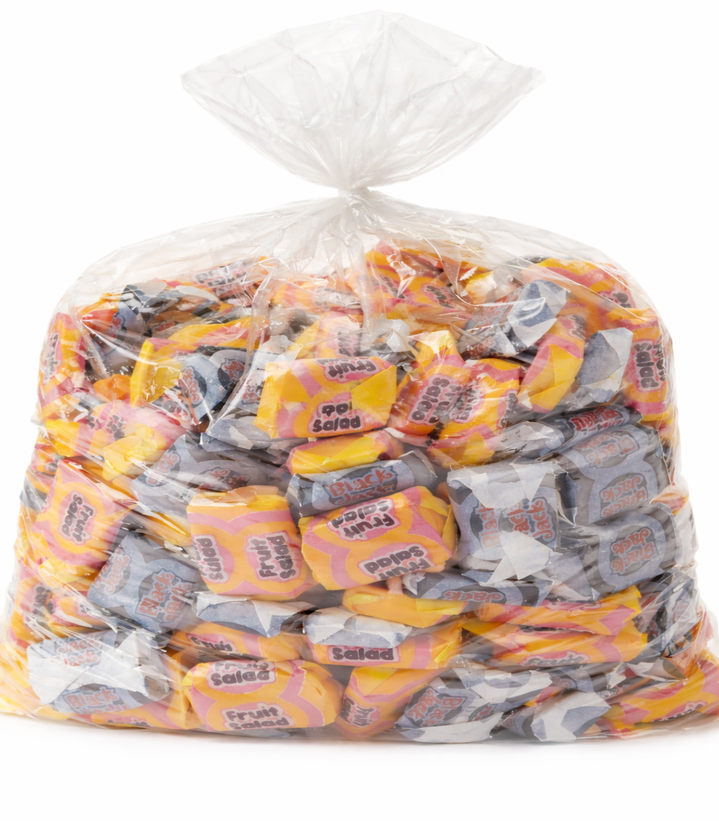 Bag of colorful candy with visible brand name on a white background