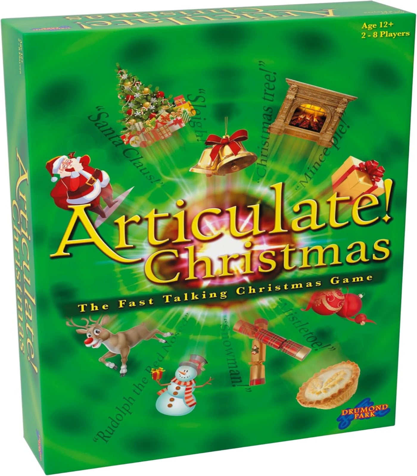 Board game box for 'Articulate! Christmas' with festive graphics on a green background