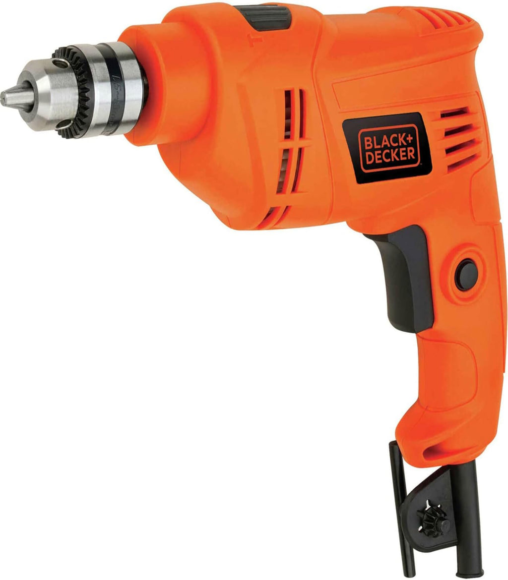 Orange drill with Black+Decker branding on a white background