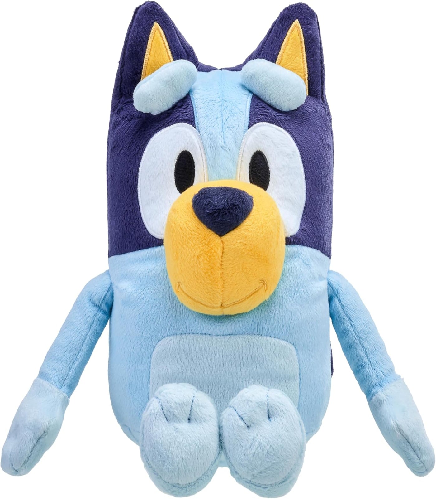 Plush toy resembling a blue and purple character with a yellow nose on a white background