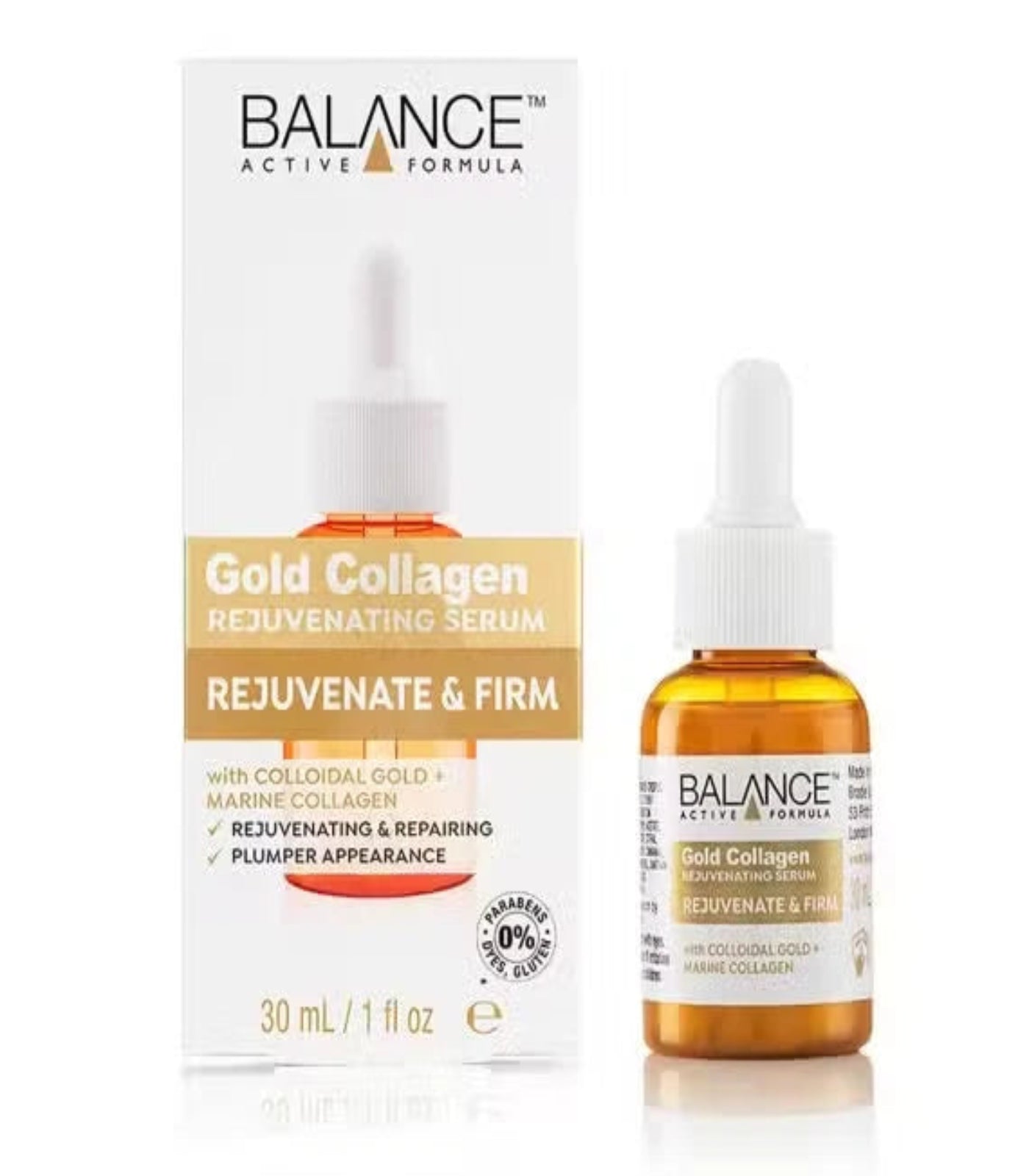 Balance Gold Collagen serum packaging and bottle on a white background