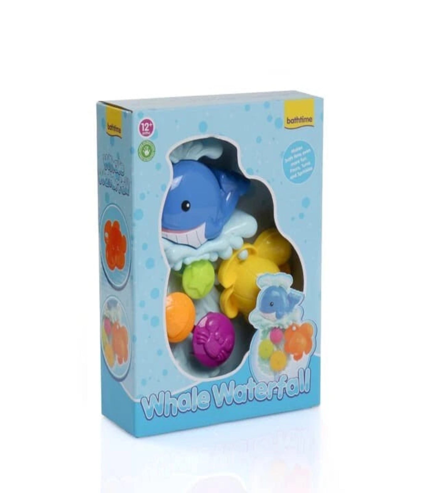 Box of a whale-themed bath toy set with colorful elements on a white background