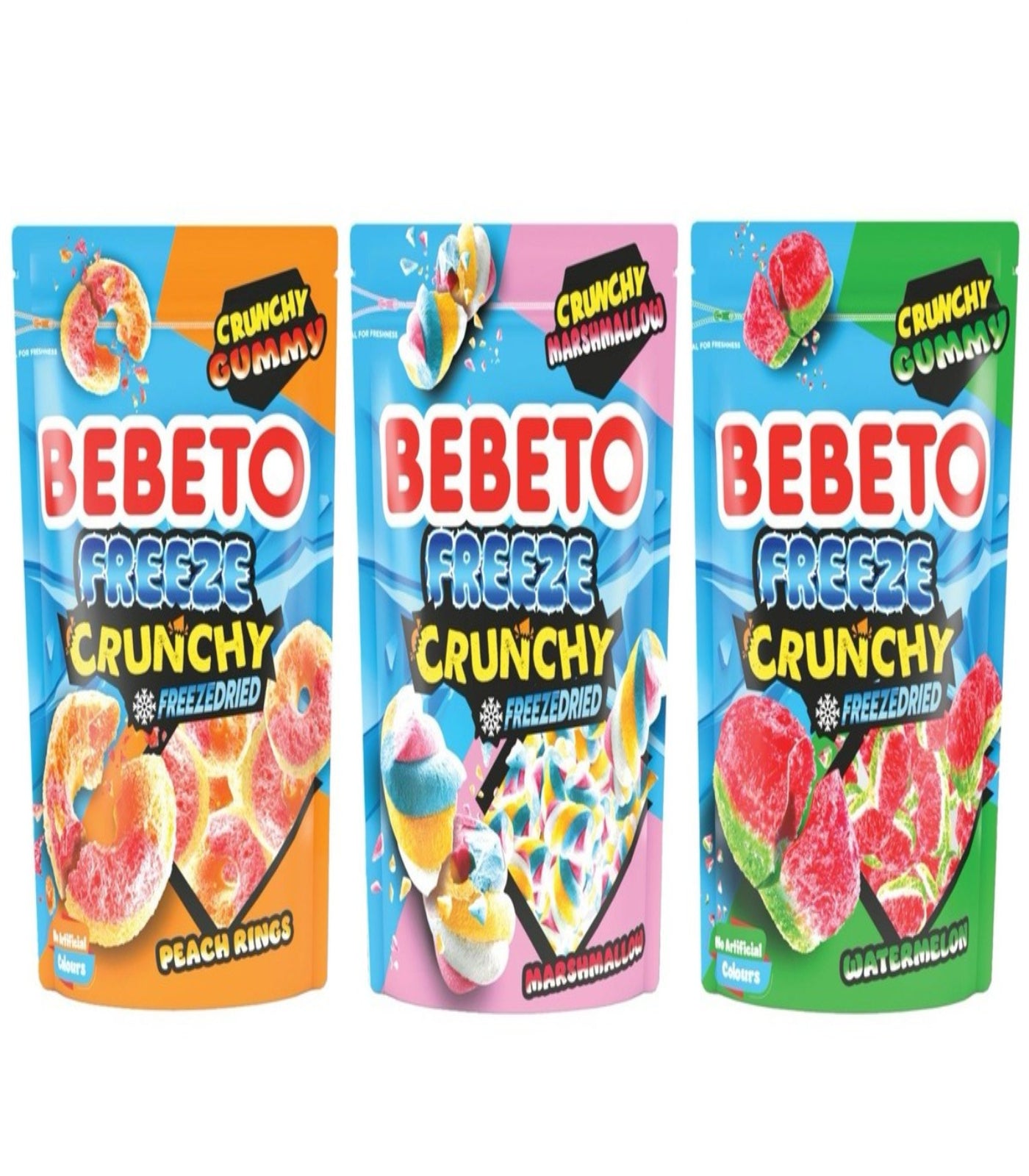 Three packages of Bebeto Crunchy Freeze Crunchy gummy candies on a white background.