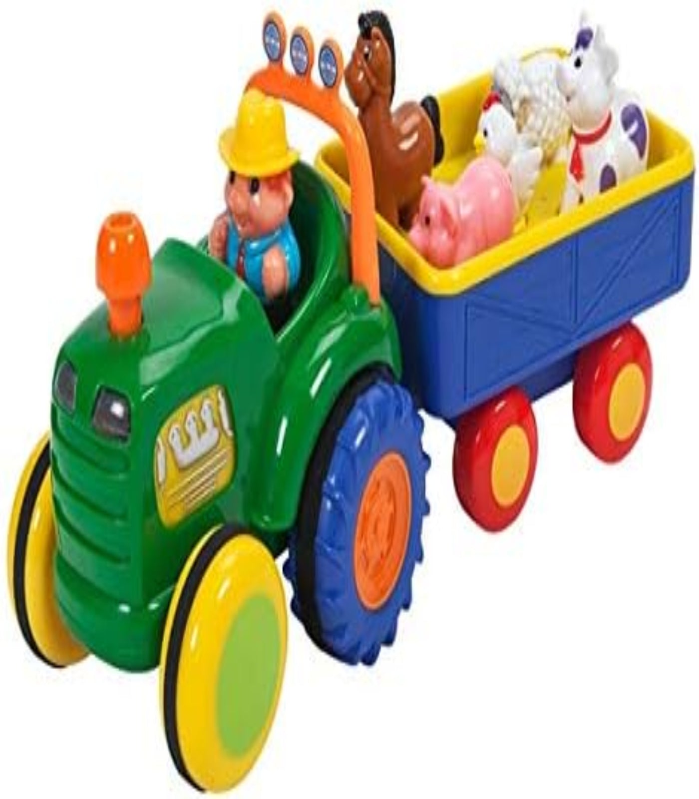 Toy tractor with a green body, orange roof, and colorful trailer carrying farm animals on a white background.