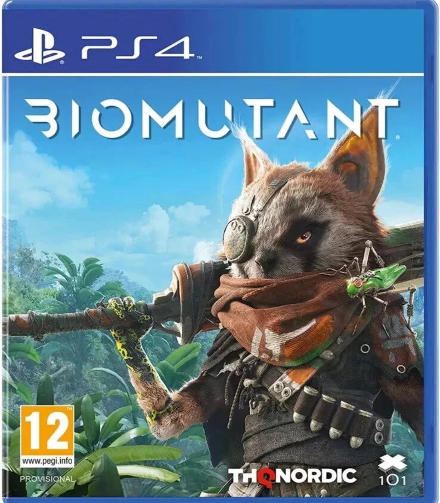 Biomutant game cover for PS4 with a character holding a weapon and THQ Nordic logo.