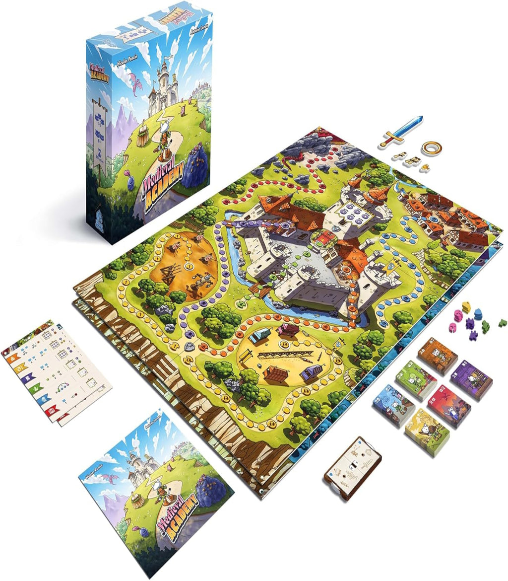 Board game set with board, pieces, and box on a white background