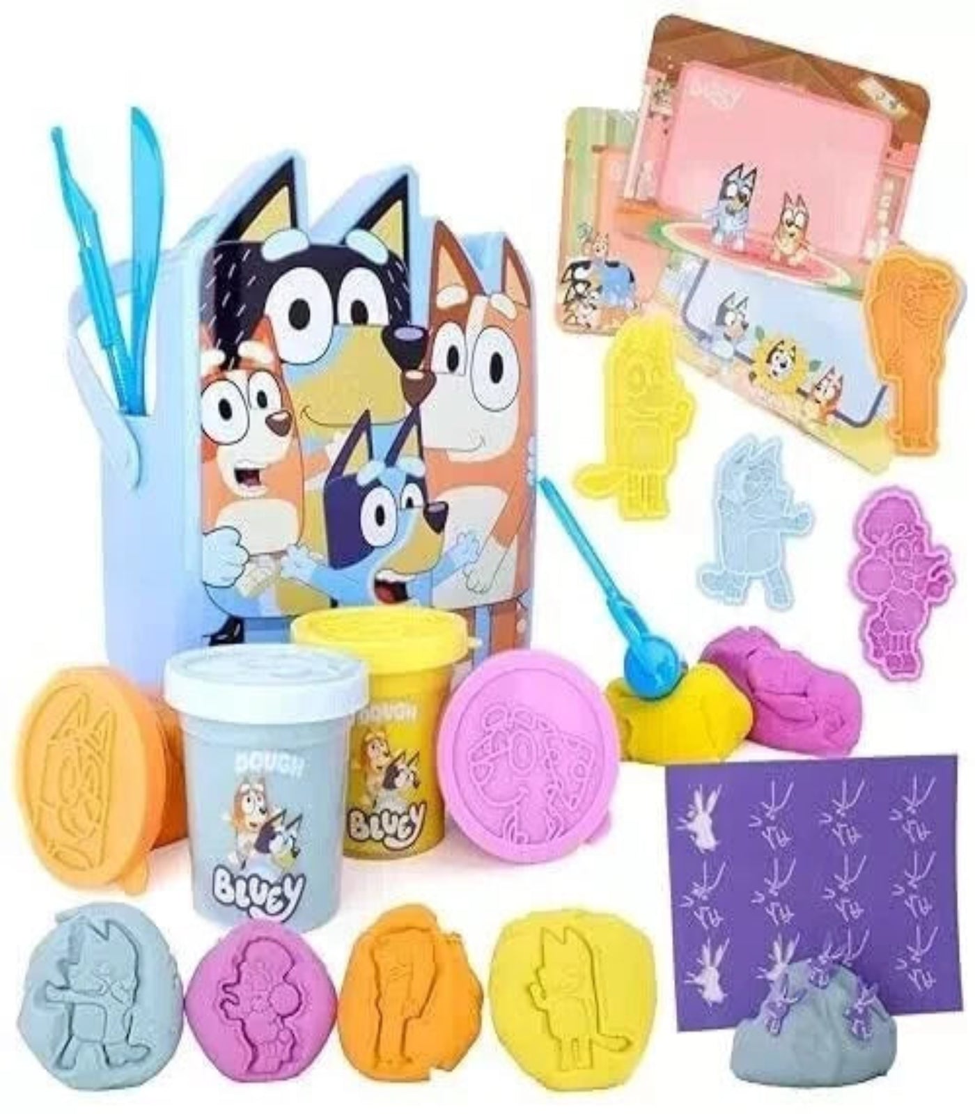 Toy set with character-themed tools and play items on a white background