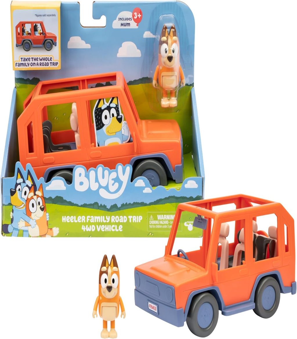 Toy vehicle with figures in packaging, featuring the brand 'Bluey'.