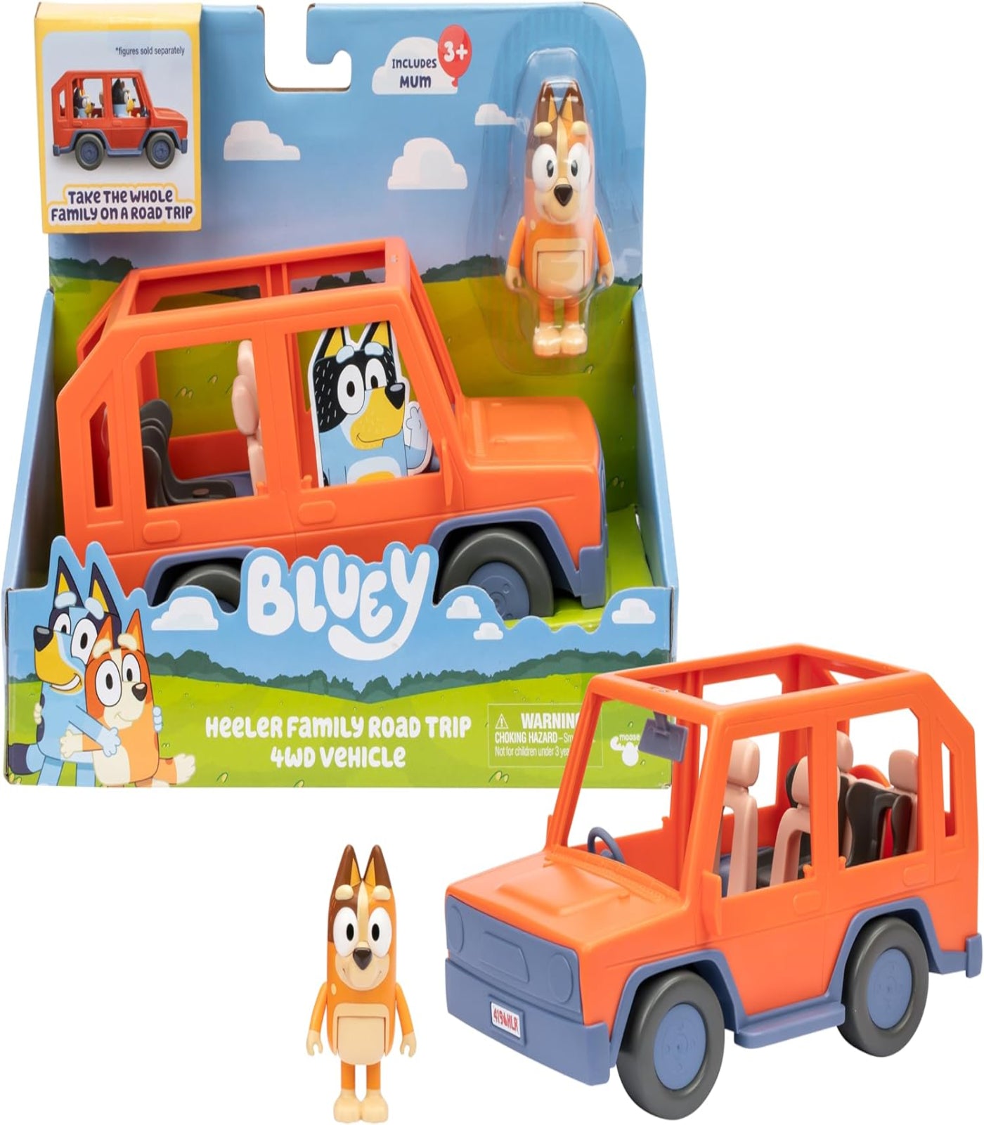 Toy vehicle with figures in packaging, featuring the brand 'Bluey'.