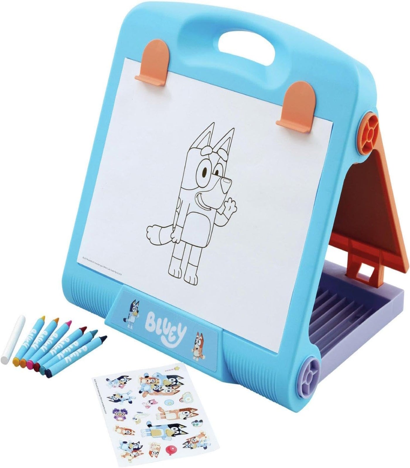 Children's drawing board with crayons and stickers on a white background