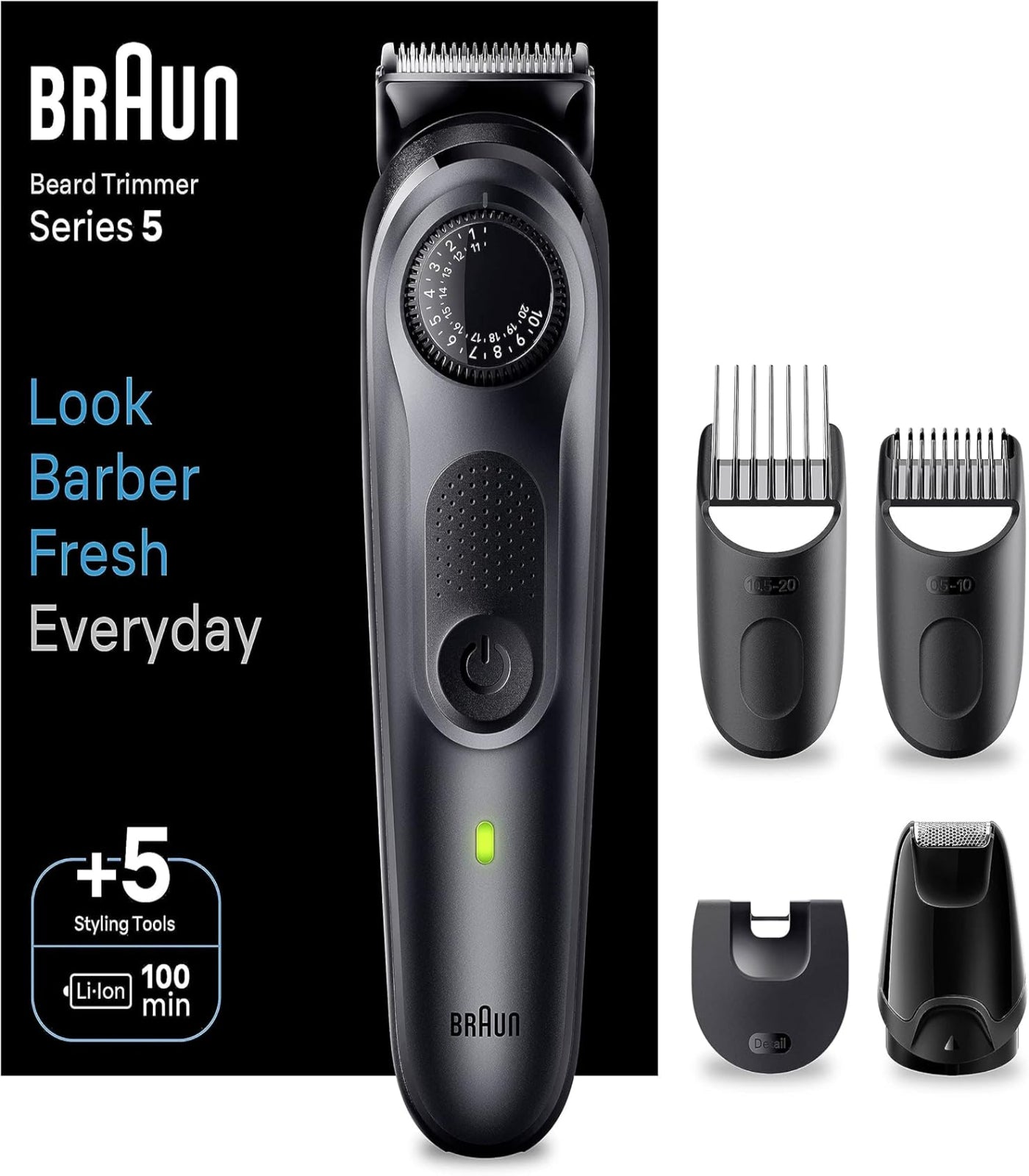 Braun beard trimmer with additional attachments on a white background