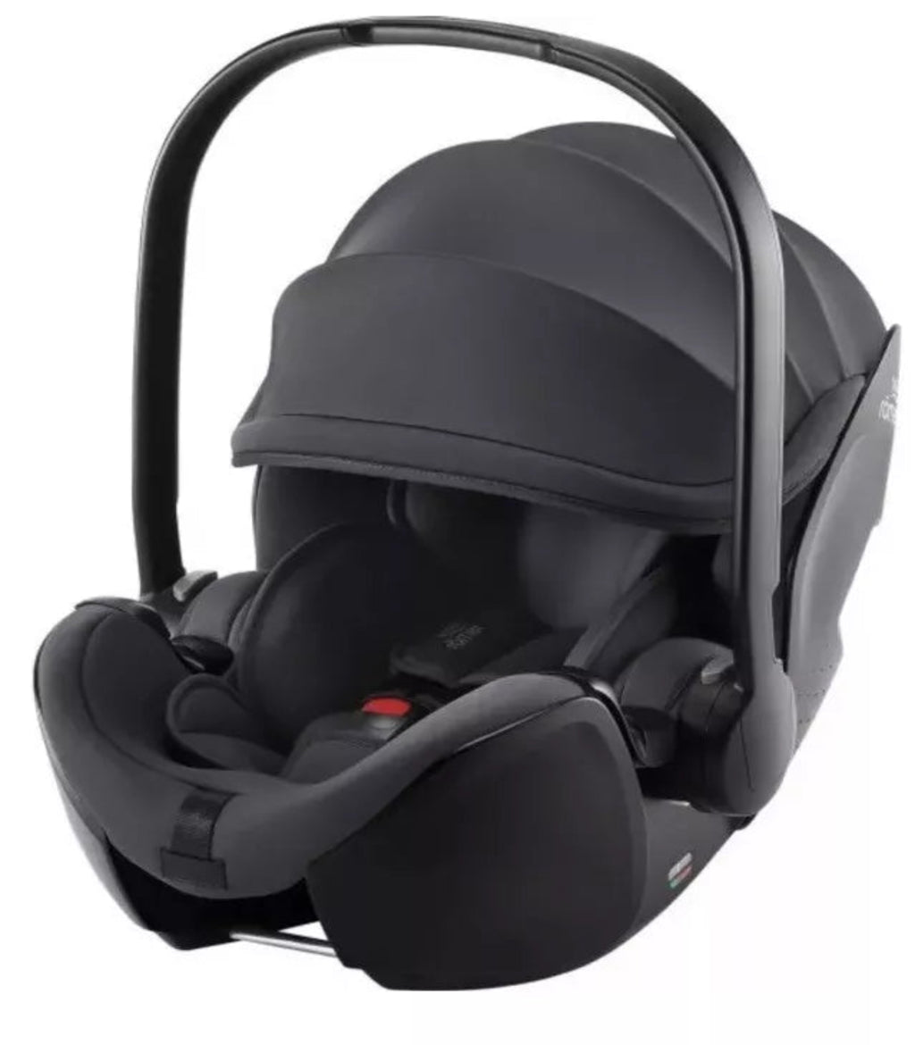 Black baby car seat with canopy on a white background