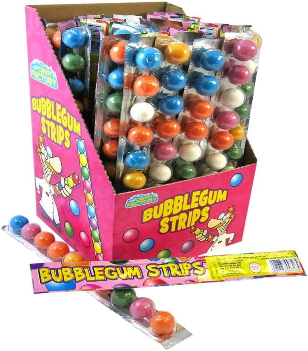 Display of bubblegum strips with colorful gumballs in a pink box packaging.