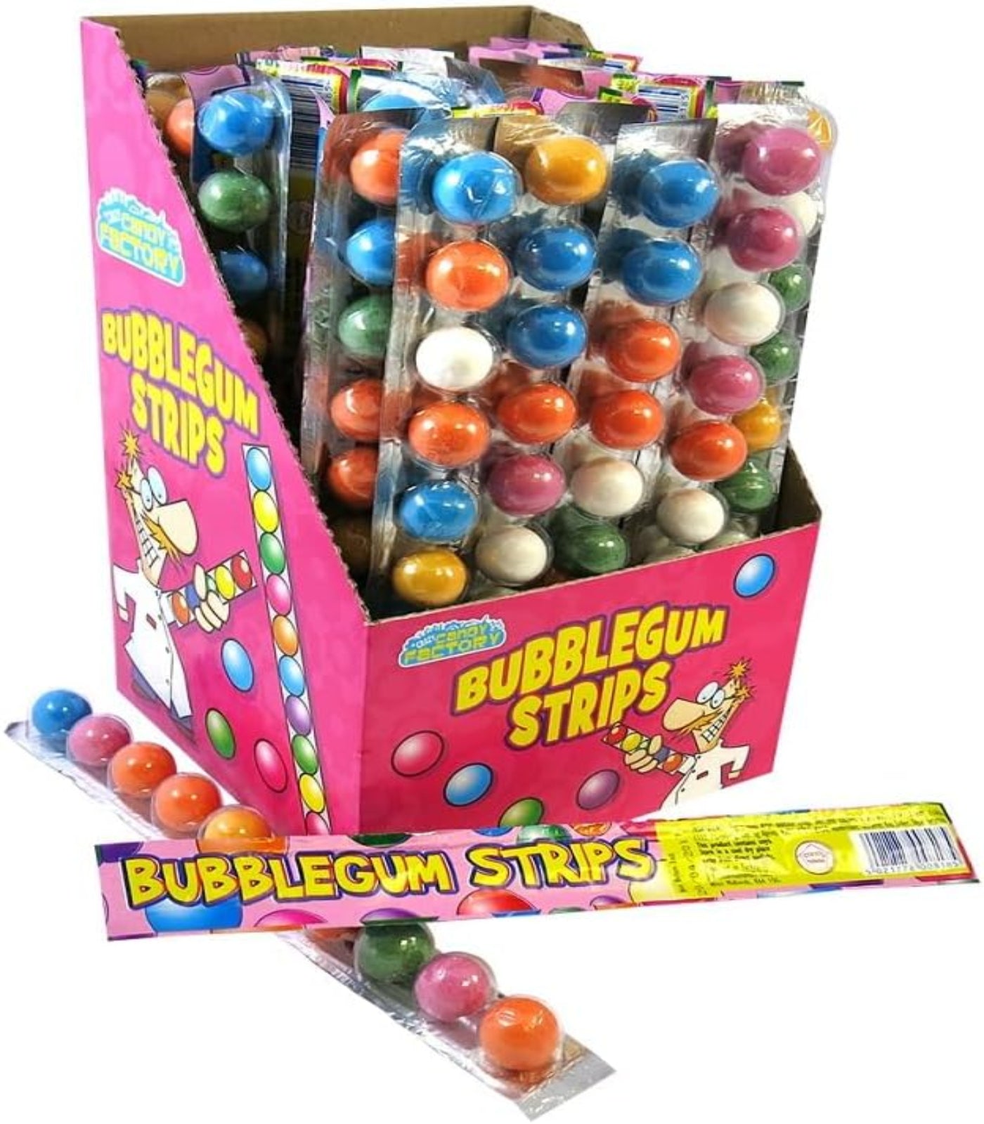 Display of bubblegum strips with colorful gumballs in a pink box packaging.