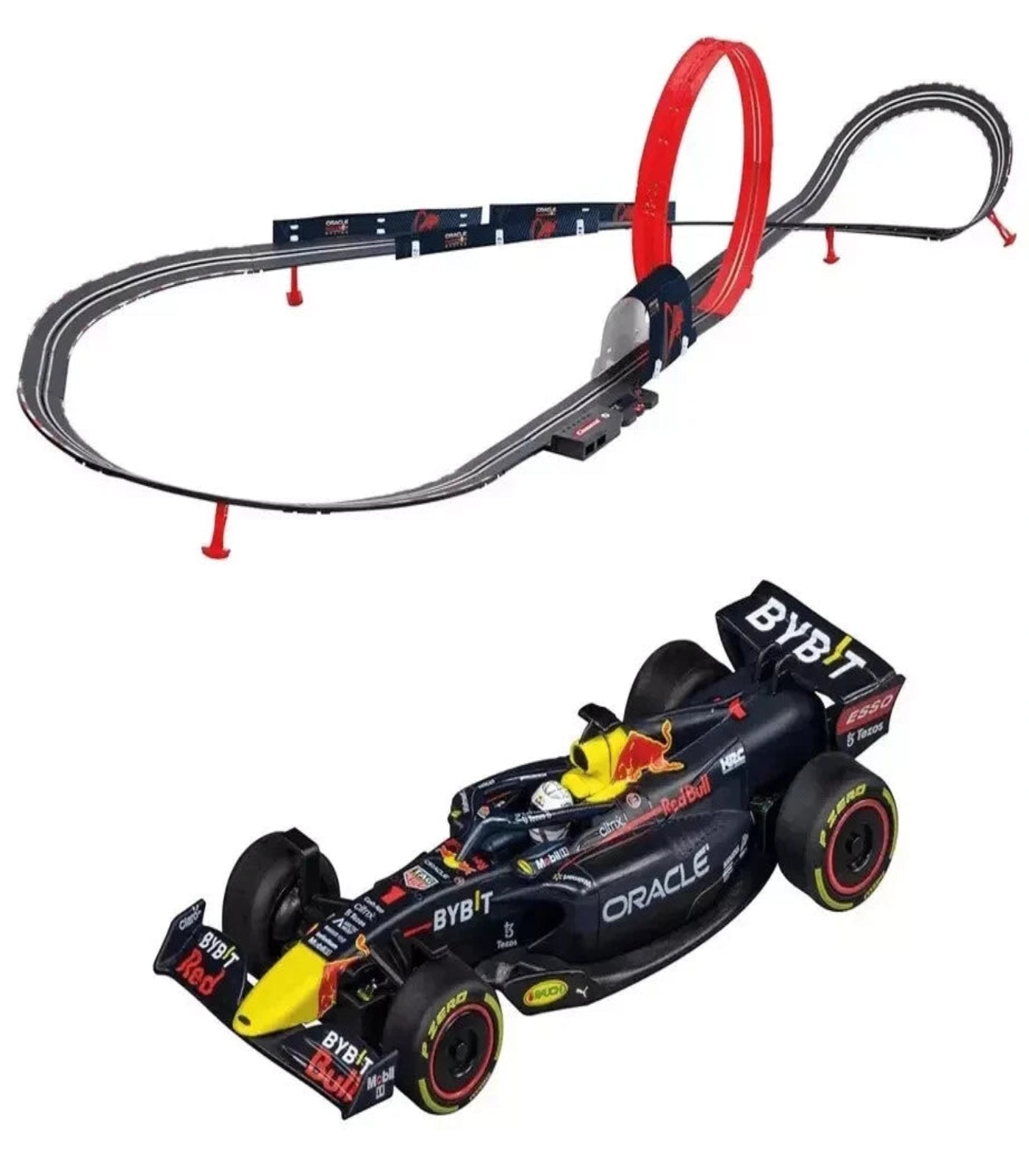 Toy Formula 1 car with a track on a white background