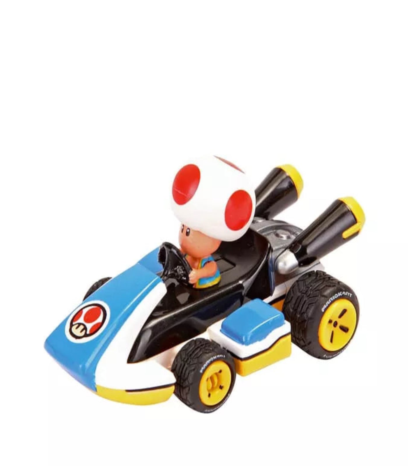Toy character in a racing kart on a white background