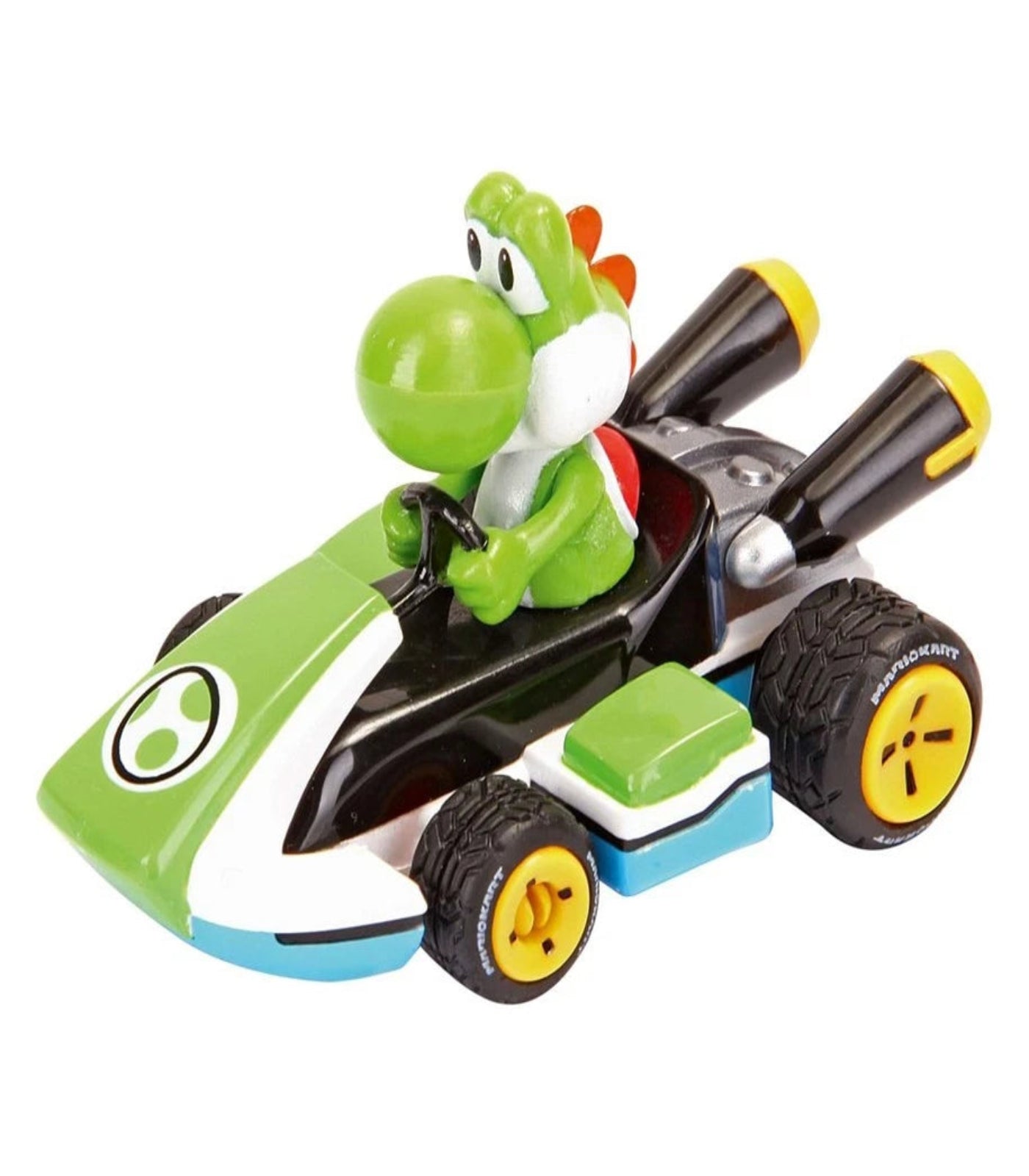 Toy figure of a green dinosaur-like character in a racing car on a white background