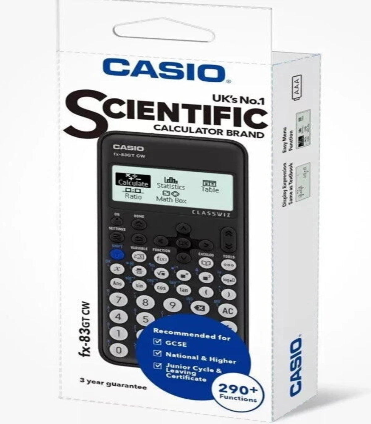 Casio scientific calculator packaging with calculator image and branding on a white background