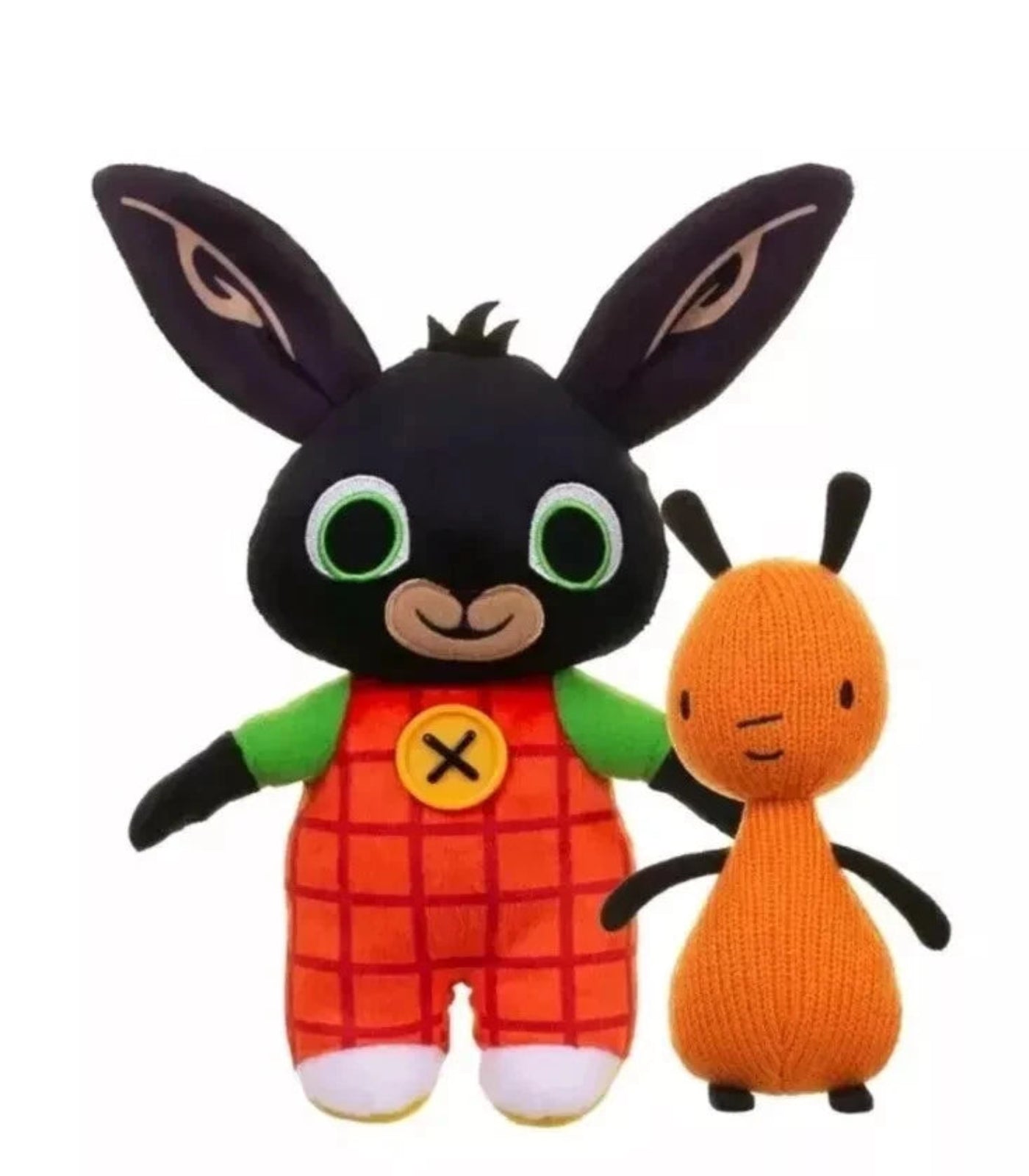 Two plush toys, one black and orange with checkered overalls and the other orange with a small head, on a white background.