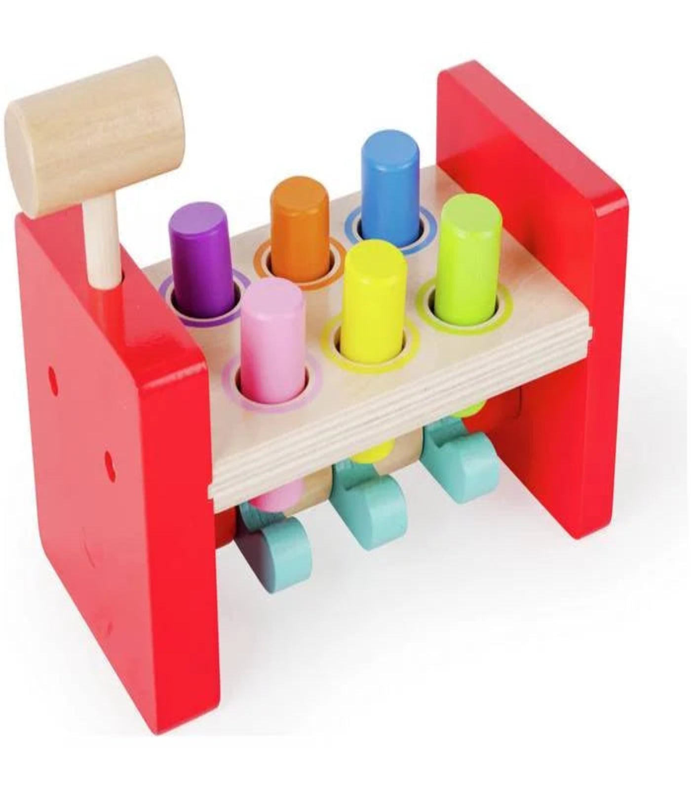 Colorful wooden toy with a hammer and variously colored cylindrical pegs on a white background