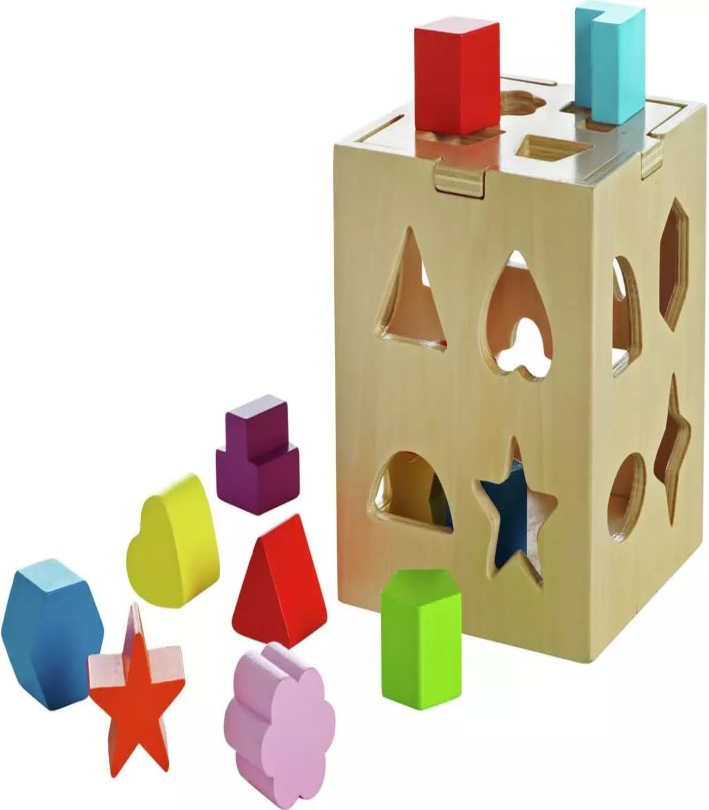 Wooden shape sorting toy with colorful blocks on a white background