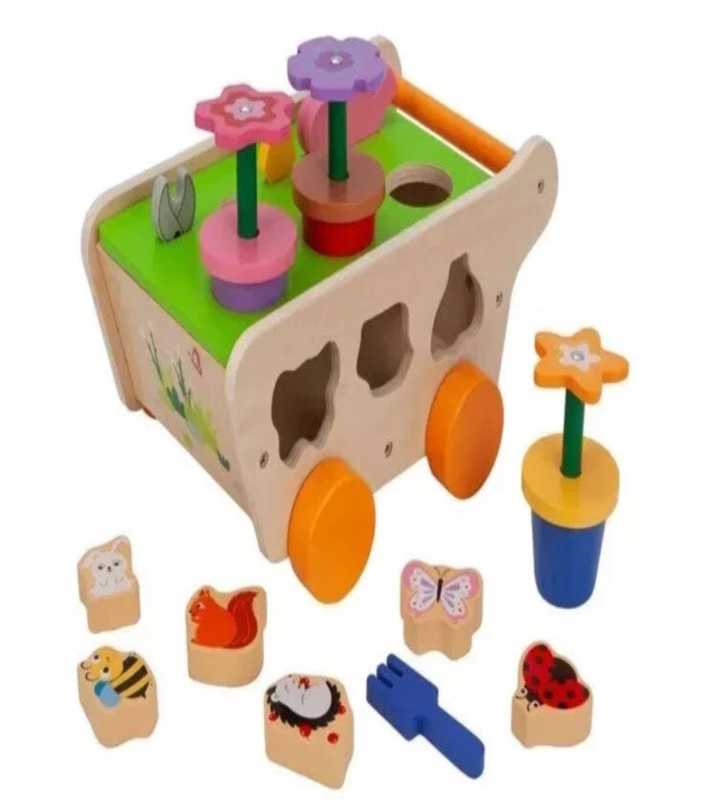 Wooden educational toy with colorful shapes and compartments on a white background