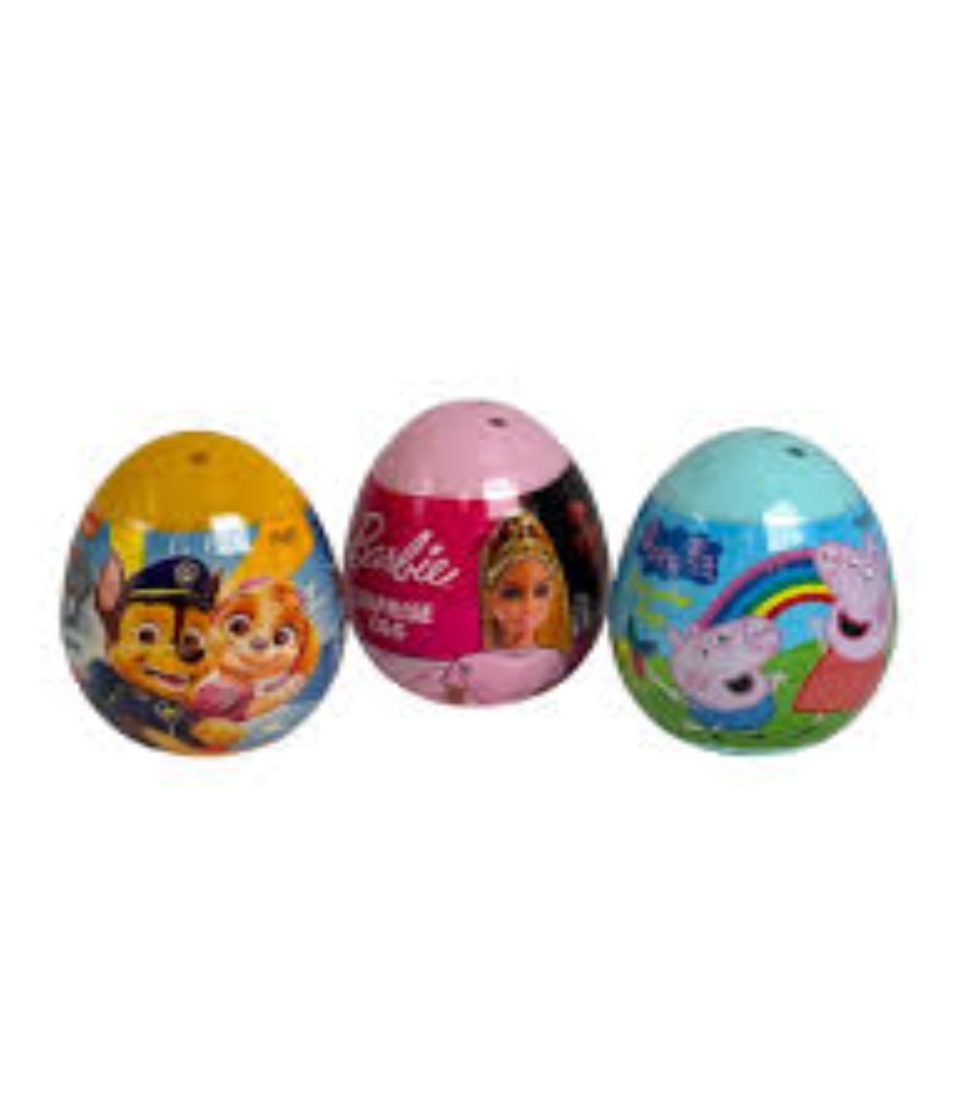 Three colorful Easter eggs with cartoon characters on a white background