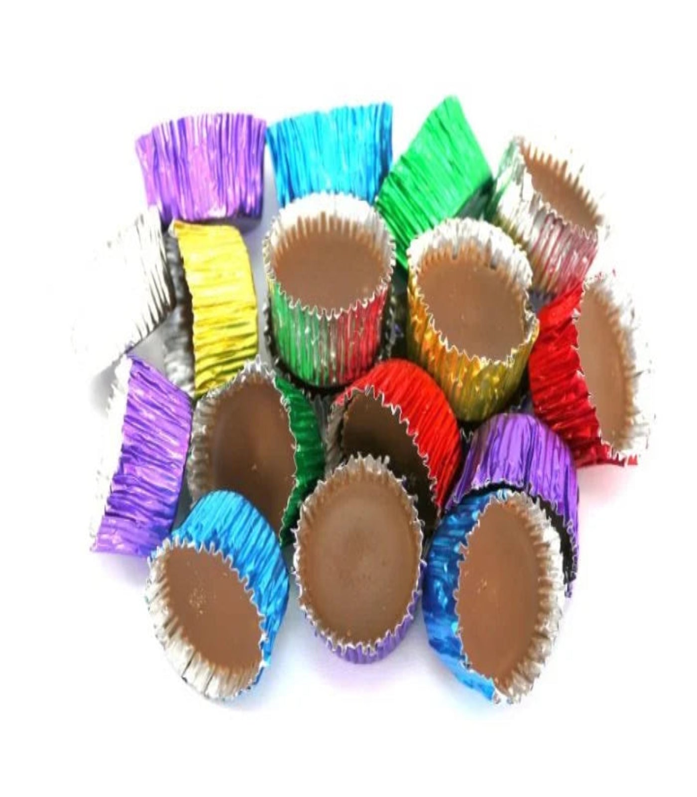 Colorful chocolate cups with various colored wrappers on a white background