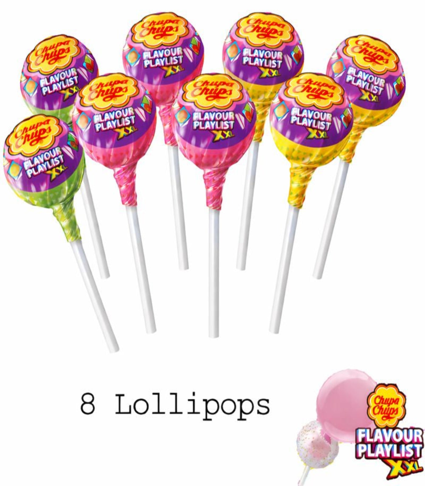 Set of 8 colorful lollipops with 'Chupa Chups' branding on a white background.