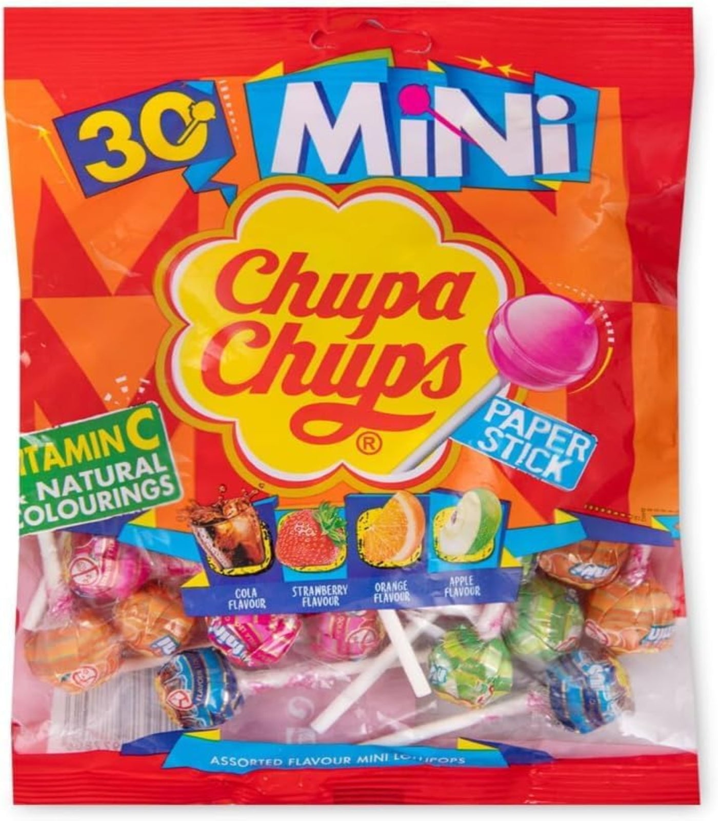 Packaging of Chupa Chups Mini lollipops with colorful design and text.