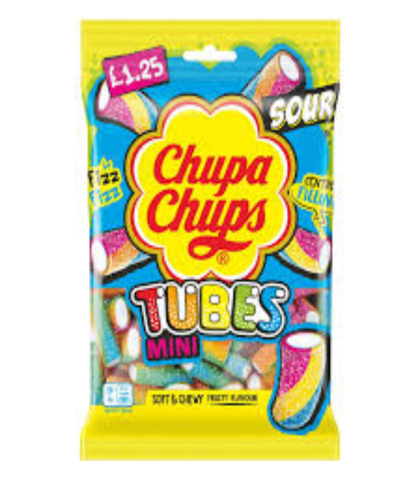 Chupa Chups Tubes candy package with colorful design and text.