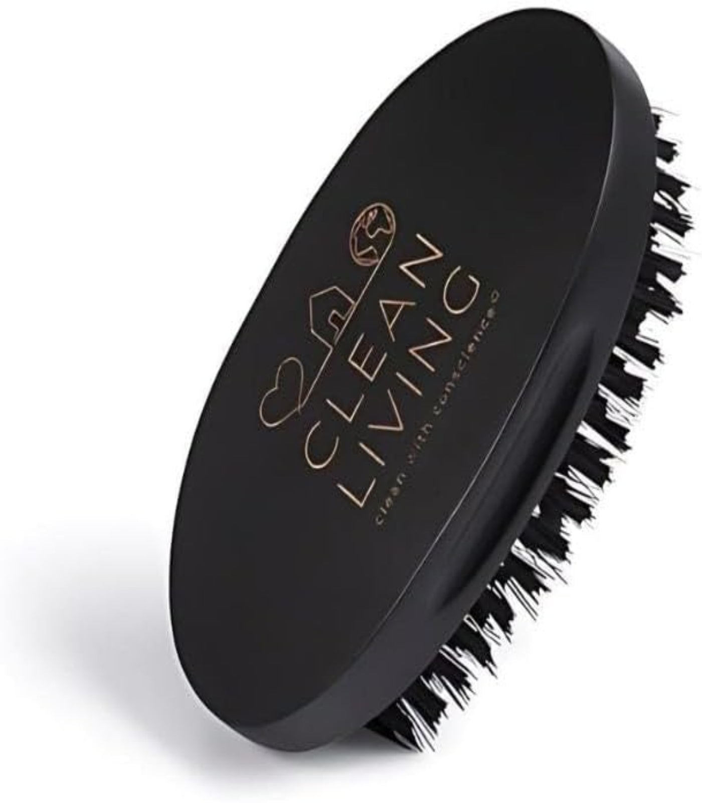 Black cleaning brush with bristles on a white background, featuring 'Clean Living' branding.