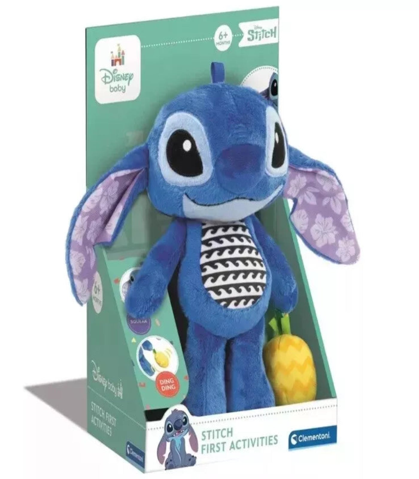 Blue plush toy with purple accents in a green packaging box, featuring Disney branding.