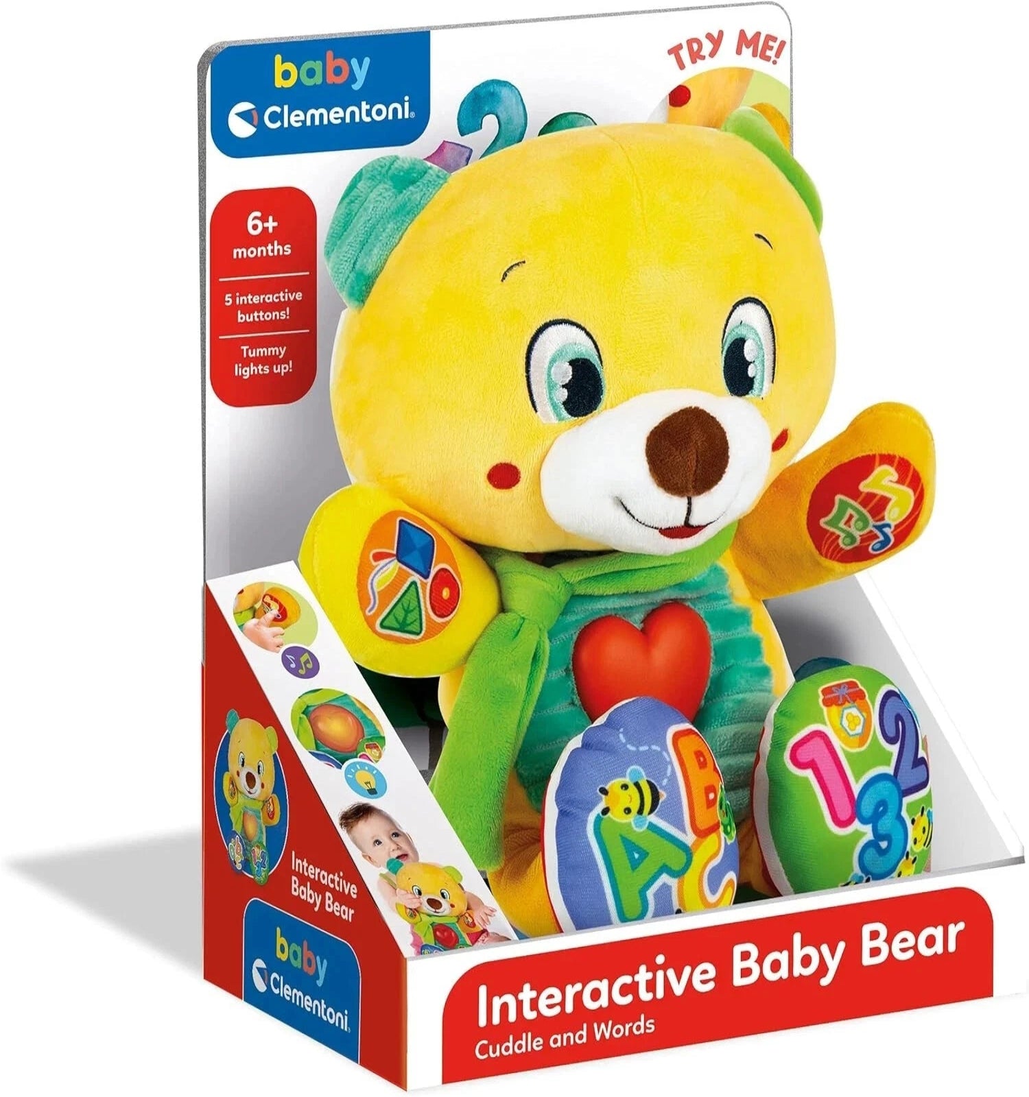 Box of Clementoni Interactive Baby Bear toy with colorful design and text.