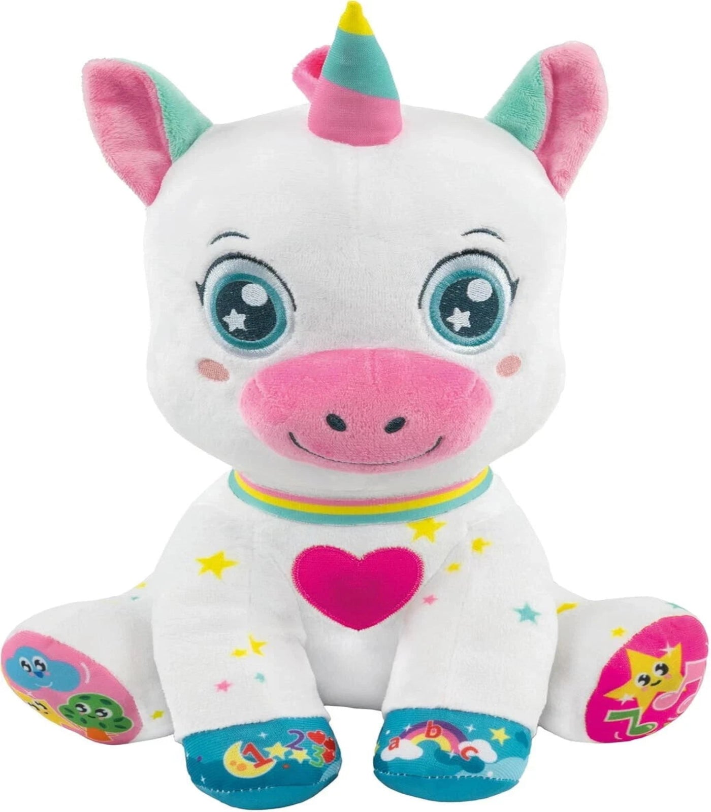 Plush unicorn toy with colorful design on a white background