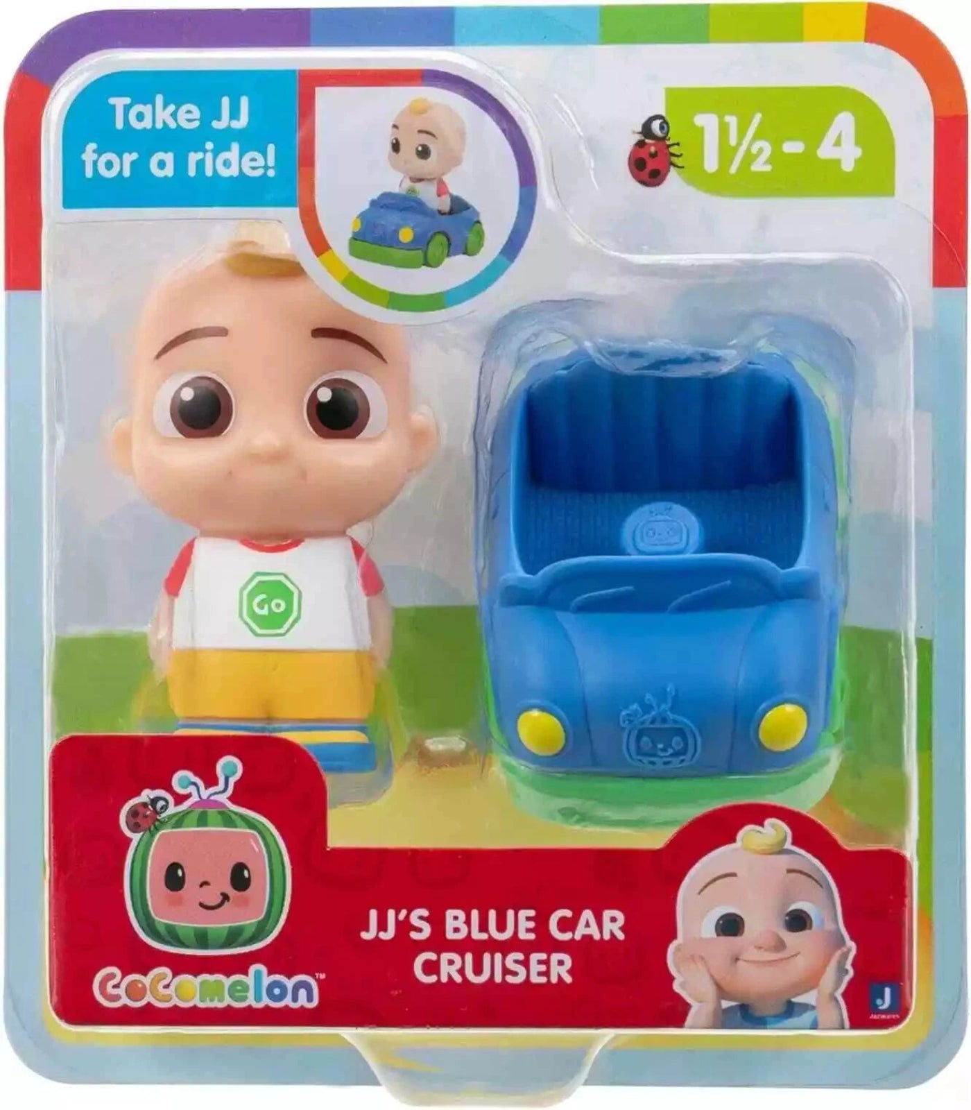 Toy packaging of JJ from Cocomelon with a blue car, featuring colorful text and graphics.