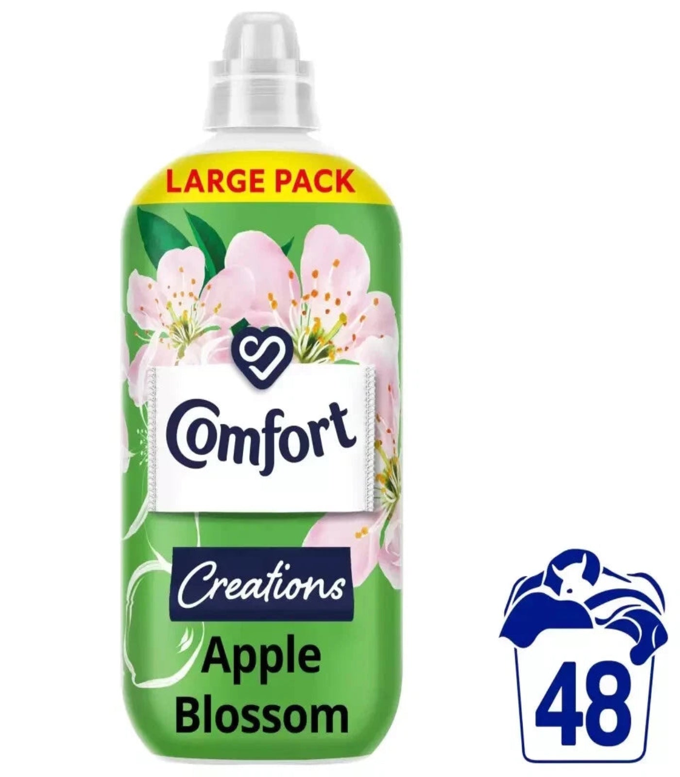 Green bottle of Comfort Creations Apple Blossom fabric softener with floral design on a white background