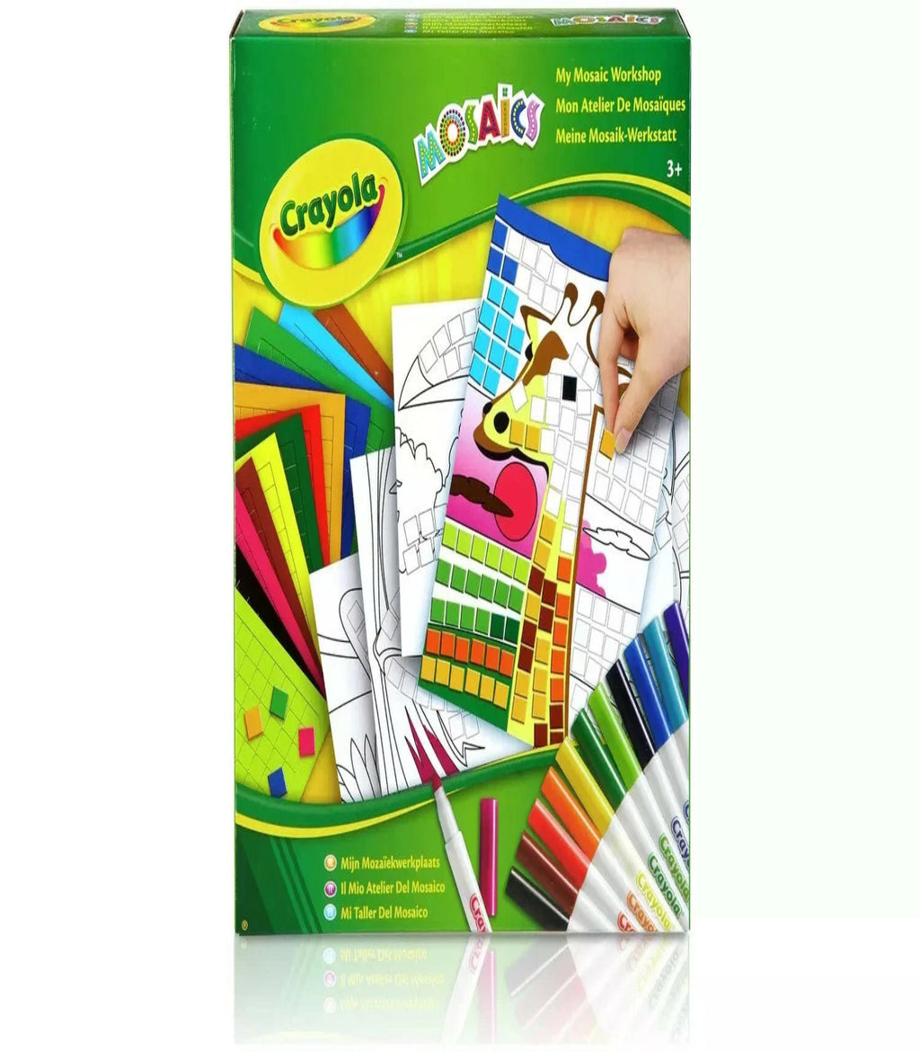 Crayola mosaic kit packaging with colorful tiles and markers on a white background