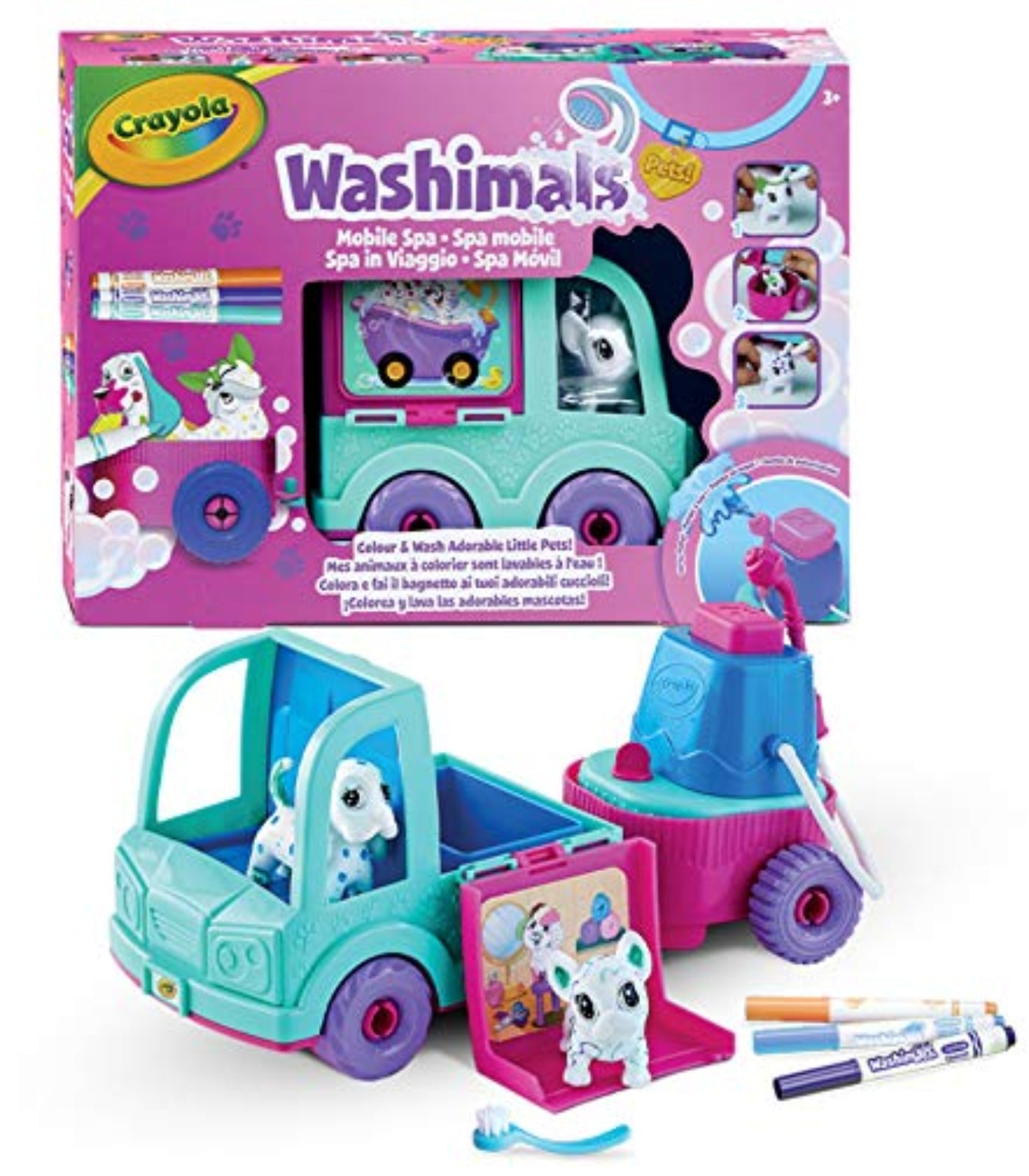 Washimals toy set with mobile spa and Crayola branding on packaging