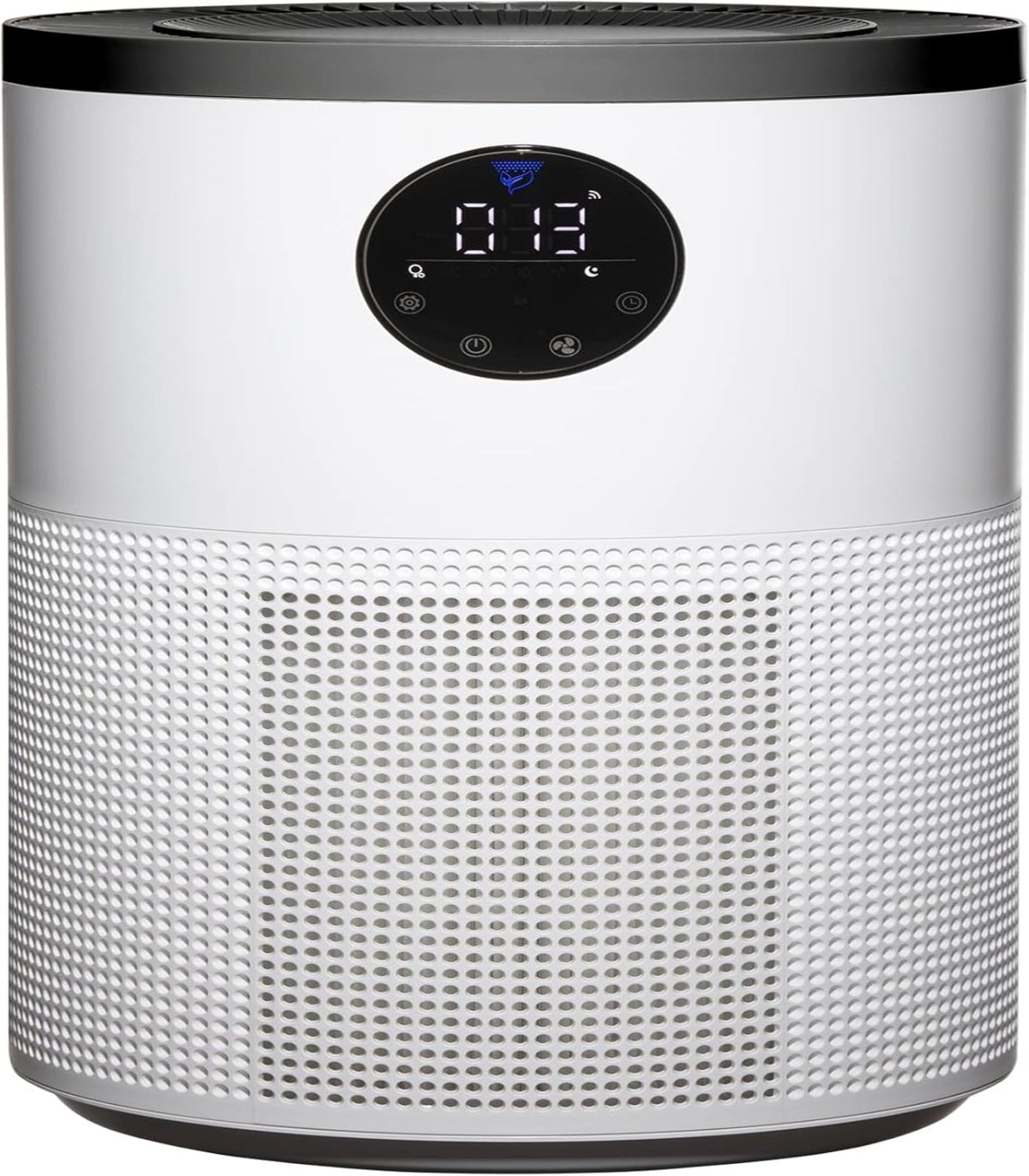 White air purifier with a digital display on a white background