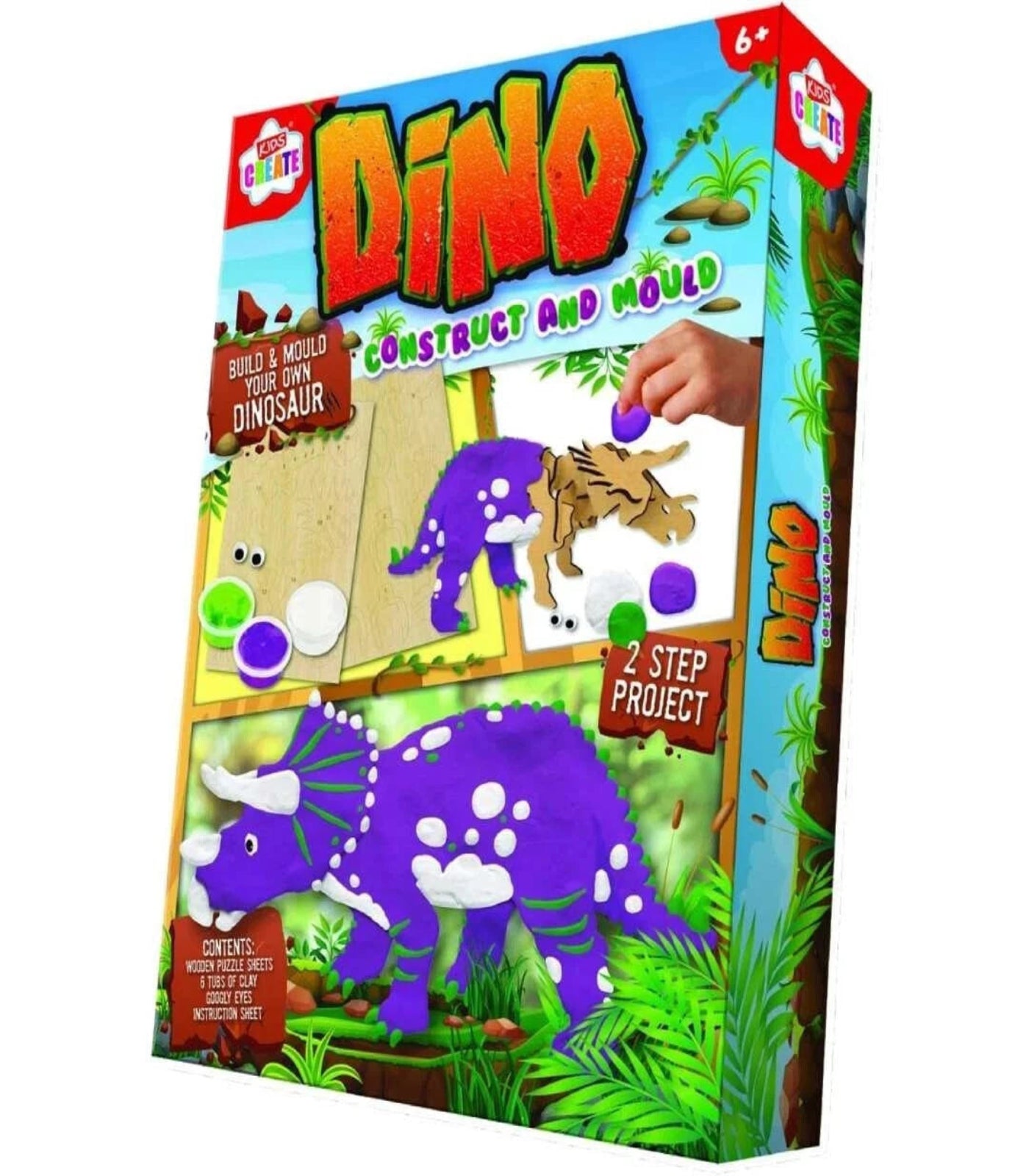 Box of 'Dino' construct and mold toy with dinosaur illustrations and text on a white background