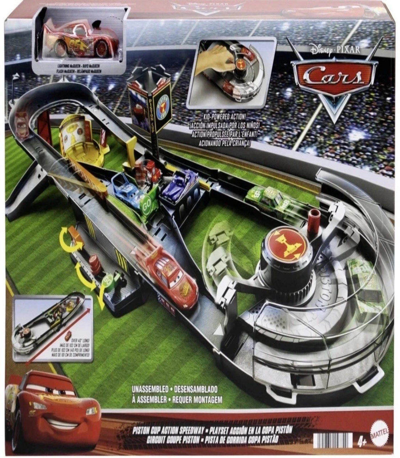 Toy car track set in packaging with Disney/Pixar branding