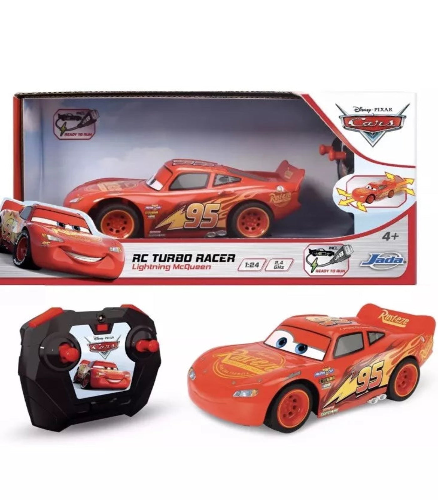 Toy car with remote control and packaging featuring Disney Cars branding