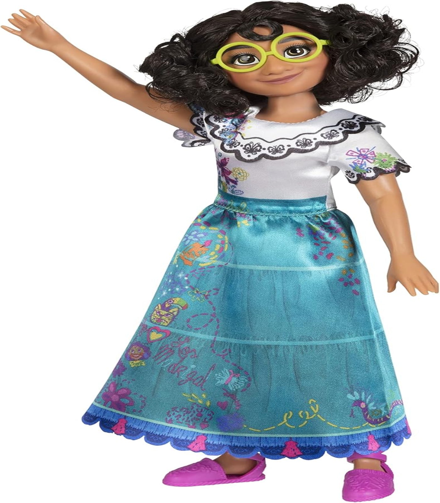 Doll with curly hair, glasses, white shirt, and blue skirt on a white background