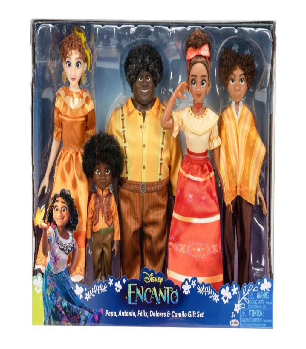 Disney Encanto doll set packaging with dolls in colorful outfits.