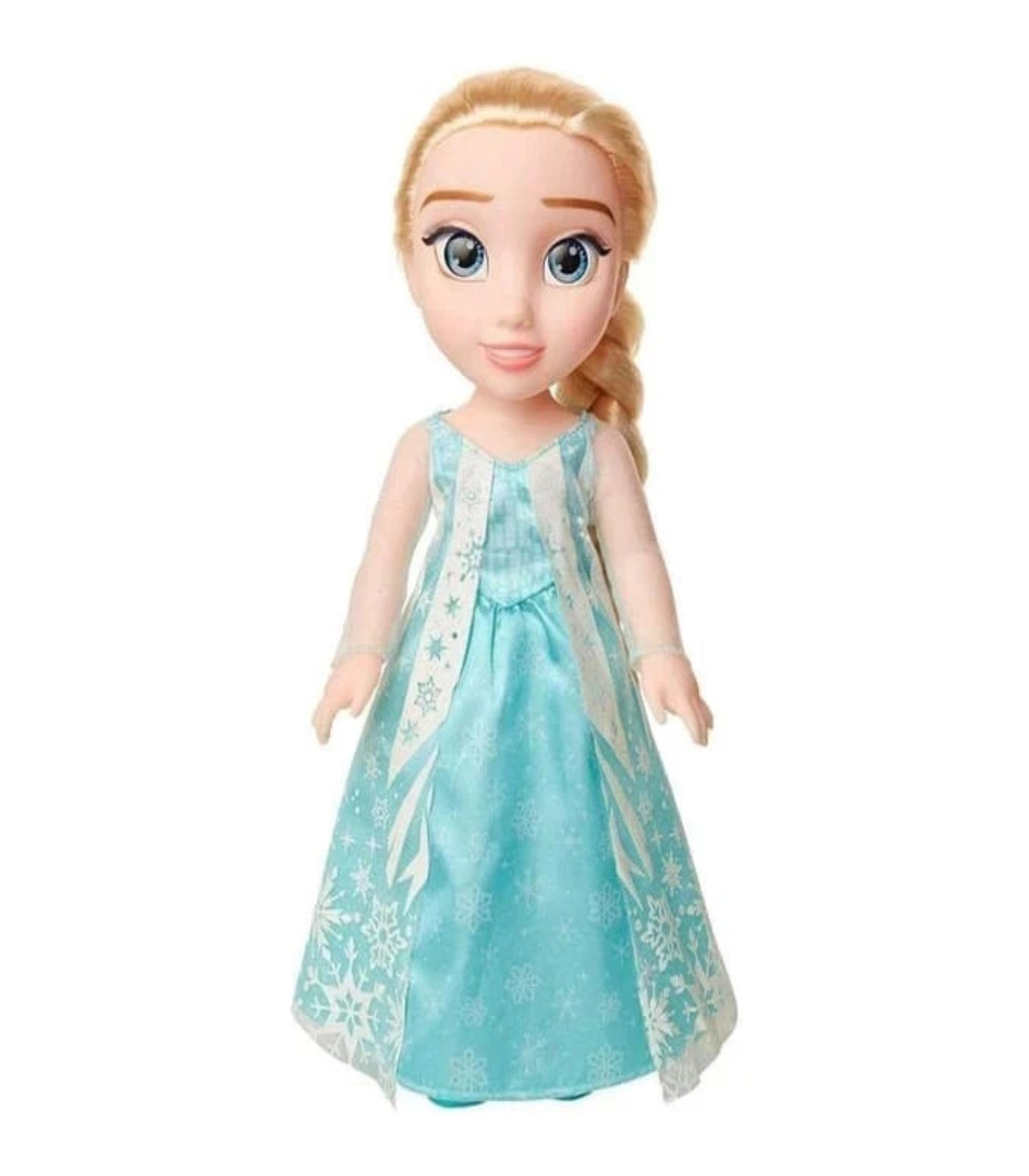 Toy doll in a blue dress with snowflake patterns on a white background