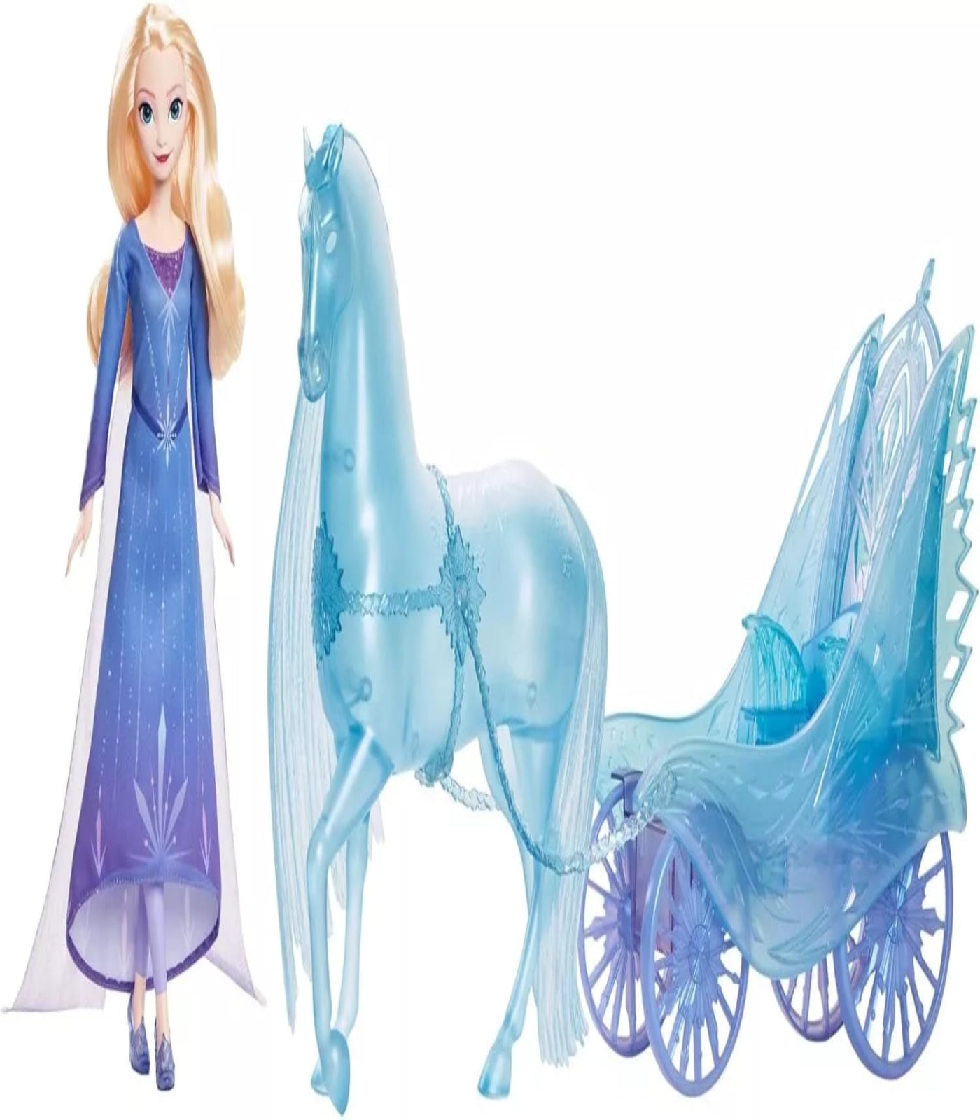 Toy doll with blonde hair and blue dress standing next to a toy horse and carriage set on a white background